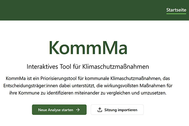 Startseite des Web-Tools von "KommMa" zur Priorisierung von kommunalen Klimaschutzmaßnahmen.